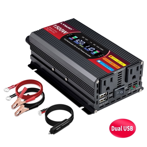 750W 1500W Modified Sine Wave Peak Power Inverter, DC 12V to AC 110V Car Inverter with 2AC+2USB, LCD Display for Car, RV, Camping & Home Backup Black