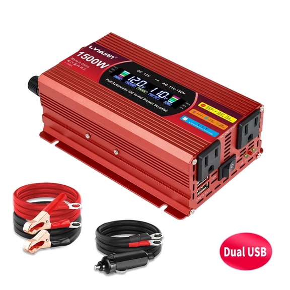 750W 1500W Modified Sine Wave Peak Power Inverter DC 12V to AC 110V Car Inverter with 2AC+2USB, LCD Display for Car, RV, Camping & Home Backup Red
