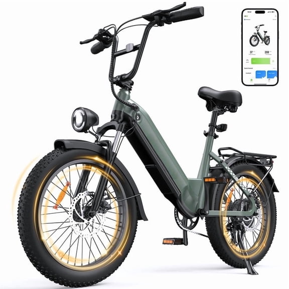 750W Electric Bike for Adults,48V 13Ah Removable Battery,20MPH,20" Fat Tire E-Bike,7-Speed Gearing,LCD Display,Step-Thru Frame,Green