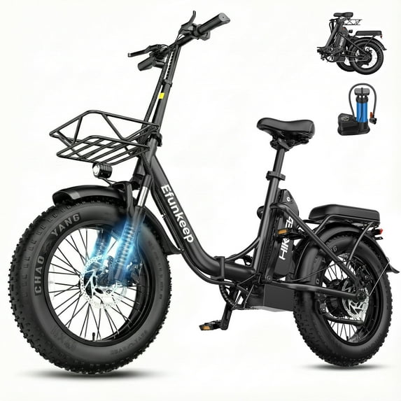 Efunkeep 16" Fat Tire Folding Electric Bike for Adults, 1200W Peak, 48V 13Ah Battery, UL2849 Certified,Black