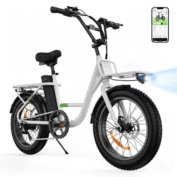 750W Motor Step-Thru Cargo Ebike for Adults,62 Miles Range 20*3" Tires Electric Mountain Bike,48V 20Ah Battery,White