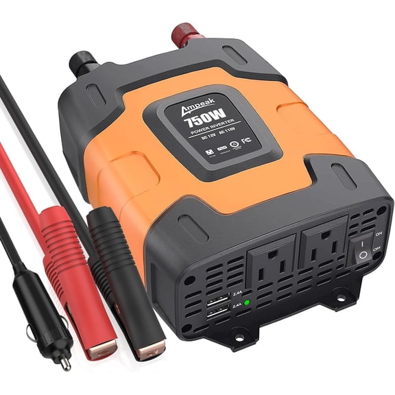 750W Power Inverter 4.8A Dual USB Ports 2 AC Outlets Car DC 12V to 110V 11 Protections for Appliances