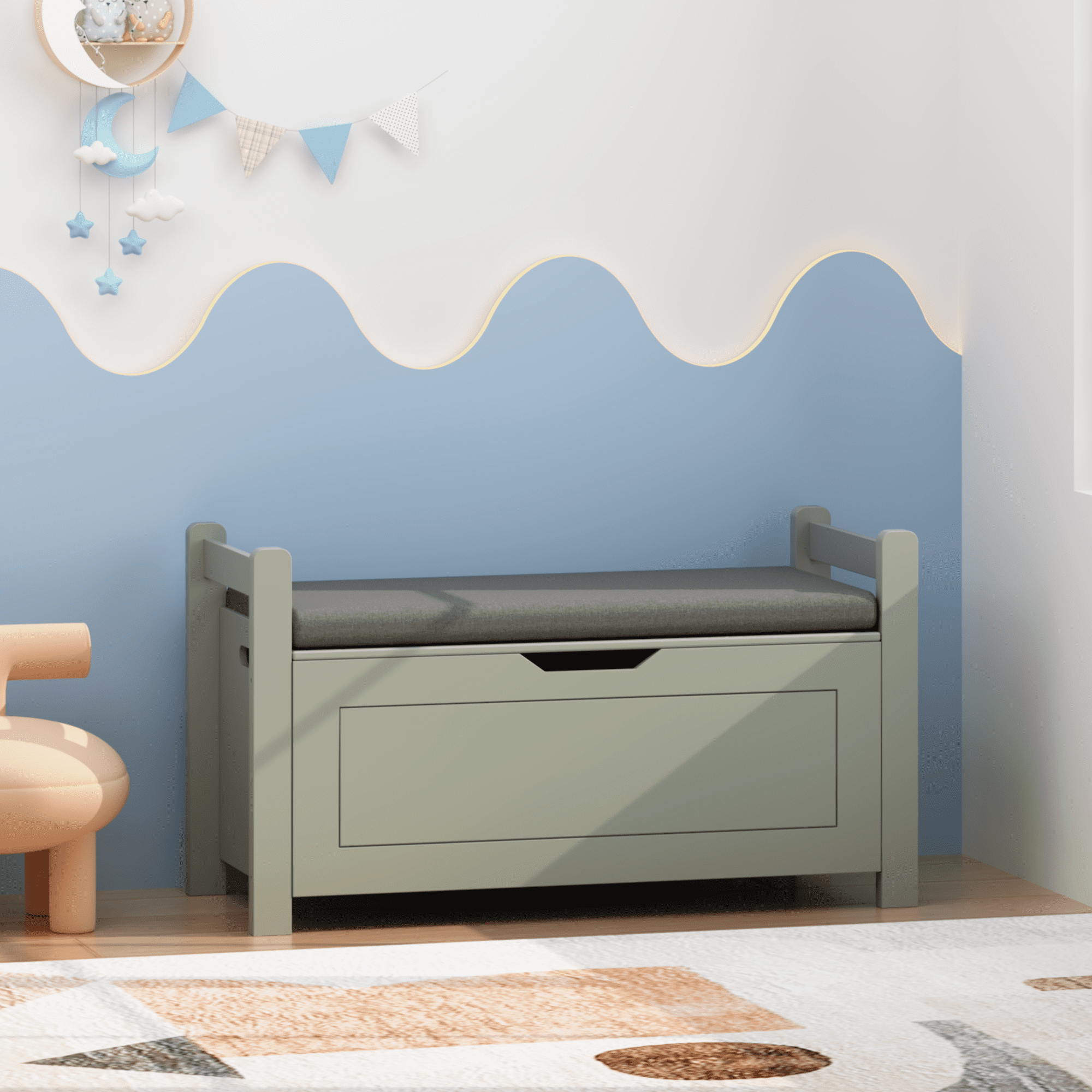 MDF Toy Box with Cushion Seat Flip-Top Safety Hinge 35 Inch Kids Storage Organizer