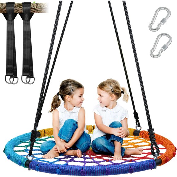 750lbs 40" Spider Web Saucer Tree Swing for Kids Adults, Outdoor Net Swing with Steel Frame and 2 Hanging Straps-Rainbow (Patented)
