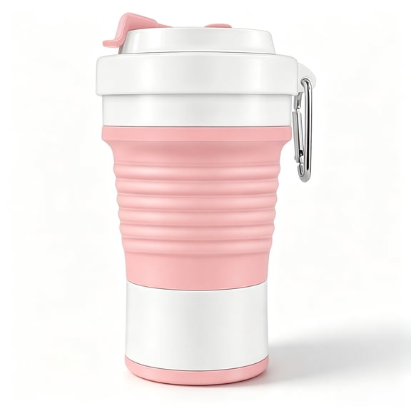 750ml Collapsible Silicone Travel Cup with Carabiner, Foldable Reusable Leak Proof Water Cup , Portable Compact Drinking Cup for Travel, Camping, Hiking, Gym, Outdoor Sports Pink