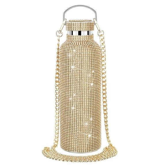 750ml Diamond Thermos Bottle with Chain, Rhinestone Vacuum Cup, Glitter Water Bottle Girl Women Gift (Gold)