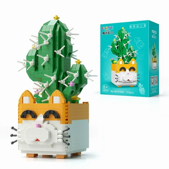 753PCS Cat Cactus Succulent Building Block Kit, Cute Animal Plant Series Creative Mini Building Home Furnishing Gift