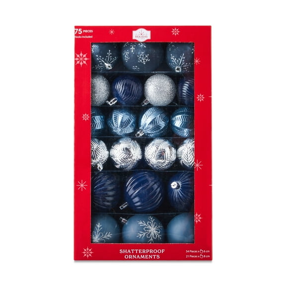 Blue & Silver Shatterproof Christmas Ball Ornaments, 9.5 in, 75 Count, by Holiday Time