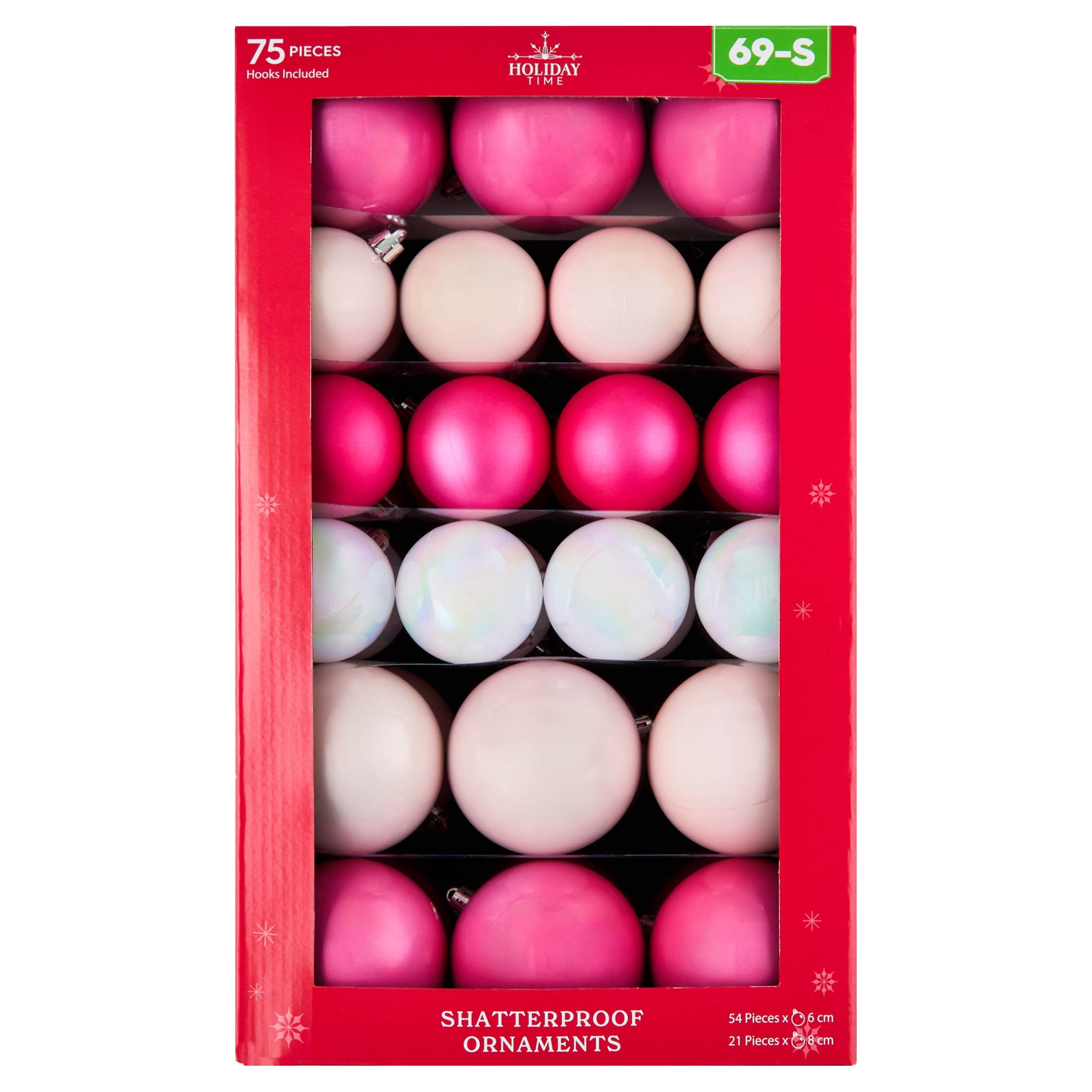 75-Count Pink Ball Shatterproof Christmas Ornaments, by Holiday Time