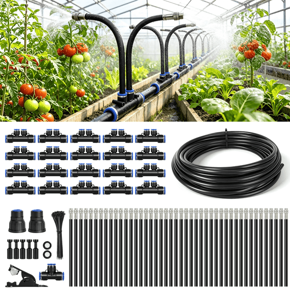 75FT 1/2-Inch High-Flow Drip Irrigation System, Garden Watering Kit with 40 Adjustable Dual Spray Nozzles, 20 Dual-Port Connectors, DIY Automatic Irrigation Kit for Raised Beds, Greenhouse, Lawn