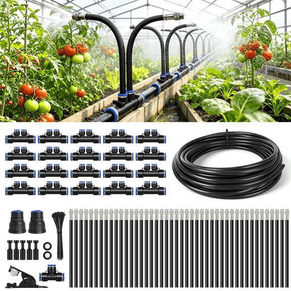 FOHAWISE 75FT 1/2-inch  Drip Irrigation System, High-Flow with 40 Adjustable Dual Spray Nozzles, 20 Dual-Port Connectors for Raised Beds, Greenhouse, Lawn