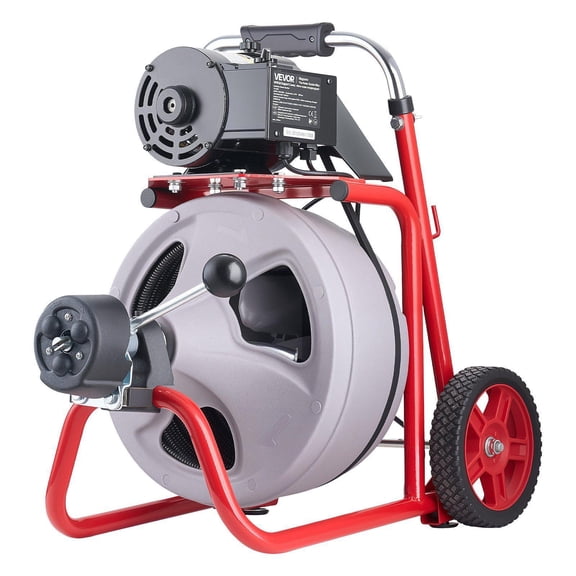 75FT 3/8 Inch Auto Feed Drain Cleaner Machine Portable Sewer Snake Auger on Wheels with 8 Cutters Air Activated Foot Switch for 2 to 4 Inch Pipes