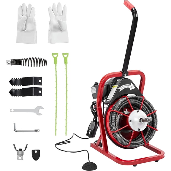 75FT 3/8 Inch Electric Sewer Snake, Auto Feeding Drain Auger Cleaner with 4 Cutter Heads & Foot Switch – 2" to 4" Pipe Drain Cleaner Machine for Home & Professional Use