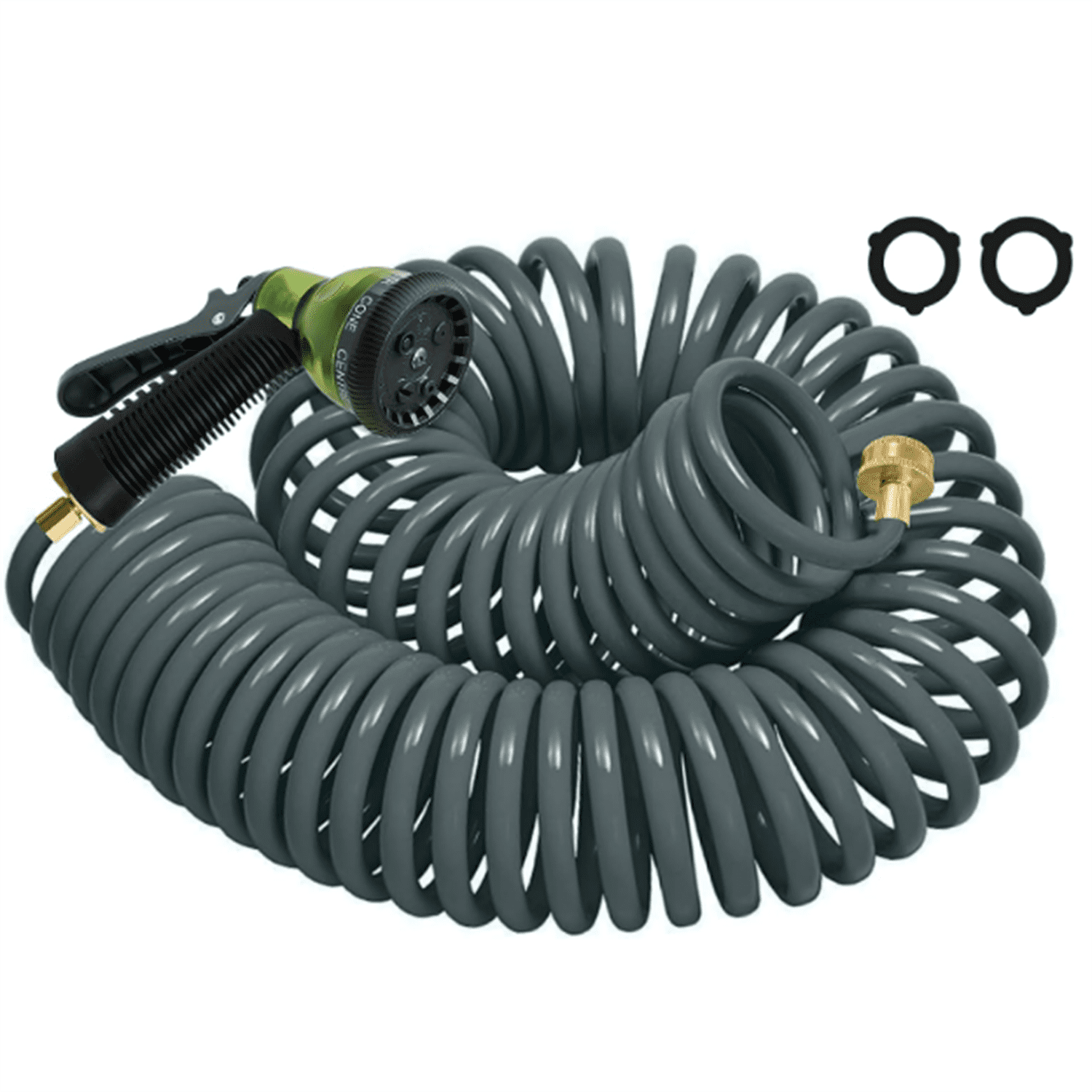 75FT EVA Coil Garden Hose With 3/4'' Brass Connector Coiled Water Hose Lightweight And No Kink Includes 7 Patterns Spray Nozzle For Outdoors Lawn Watering Car Washing