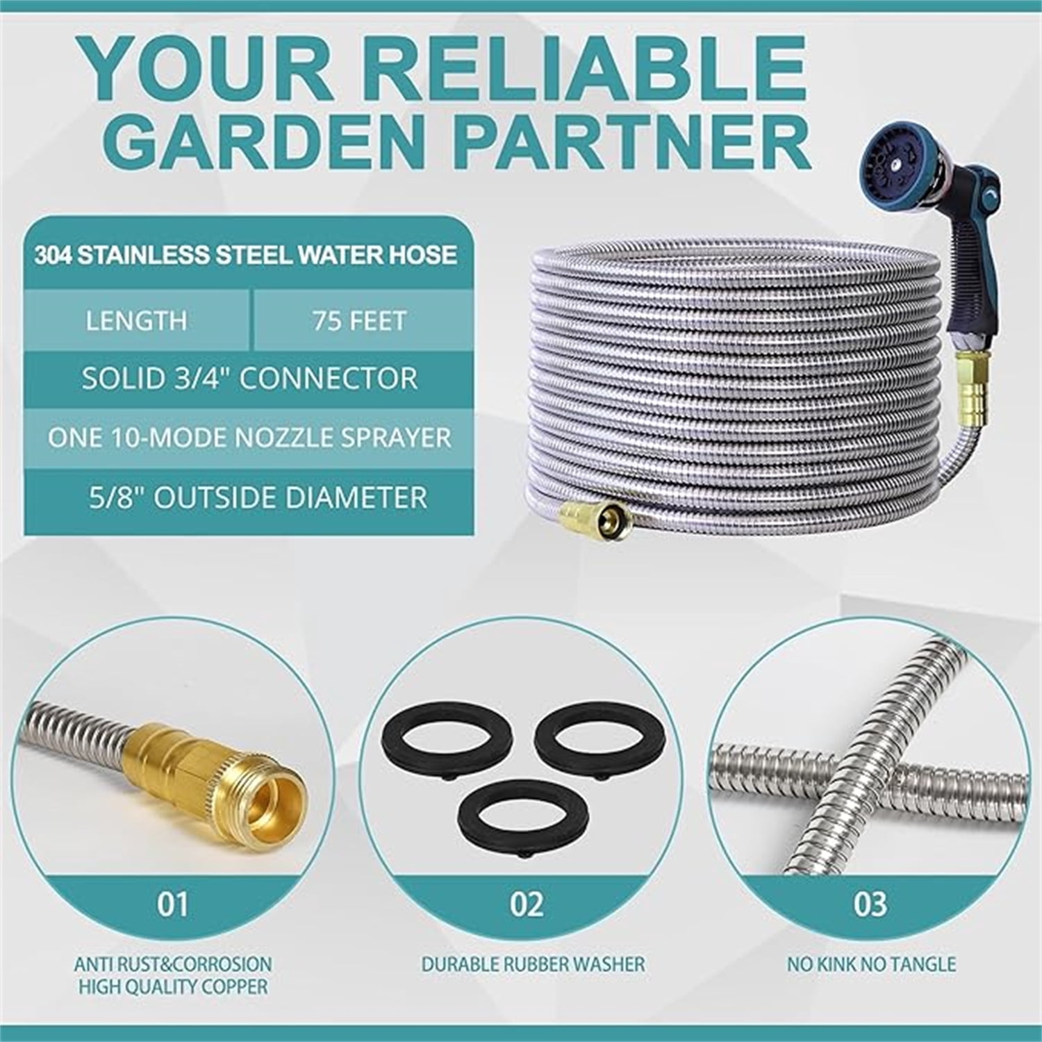 "75FT Garden Hose, 304 Stainless Steel Water Hose, Flexible with a 10-Mode Nozzle Sprayer, No Kink, Lightweight, Puncture Proof, I for Yard, Lawn, Outdoor, 5/8'' Outside Diameter "
