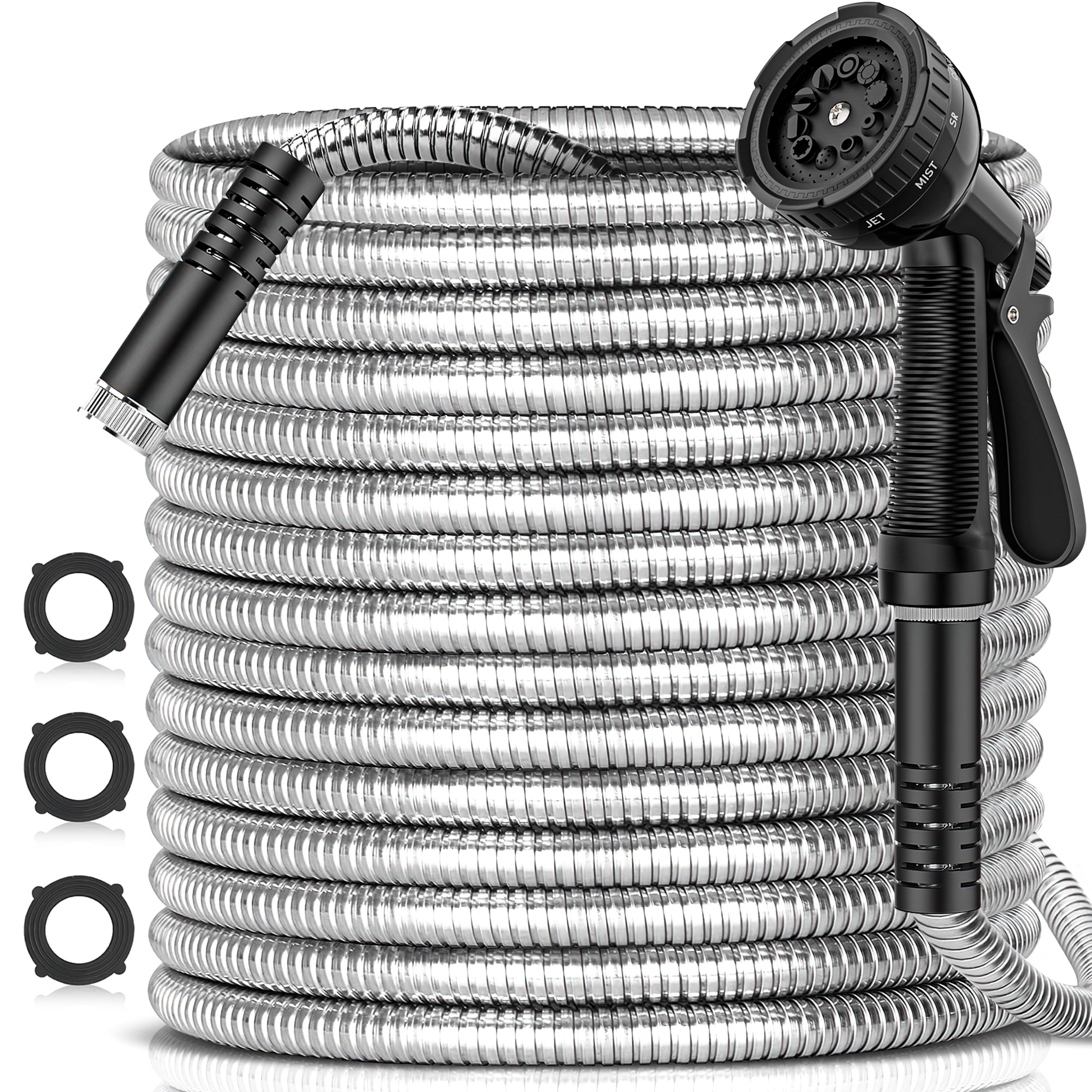 75FT Metal Garden Hose, 304 Stainless Steel Heavy Duty Water Hose W/ 10 Function Nozzle, Water Hose W/ Solid Brass Fittings & 3 Layers Latex Core, No-Kink, Tough&Flexible, Rust Proof for Yard Outdoor