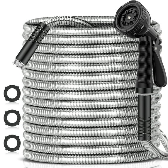 75FT Metal Garden Hose, 304 Stainless Steel Heavy Duty Water Hose W/ 10 Function Nozzle, Water Hose W/ Solid Brass Fittings & 3 Layers Latex Core, No-Kink, Tough&Flexible, Rust Proof for Yard Outdoor