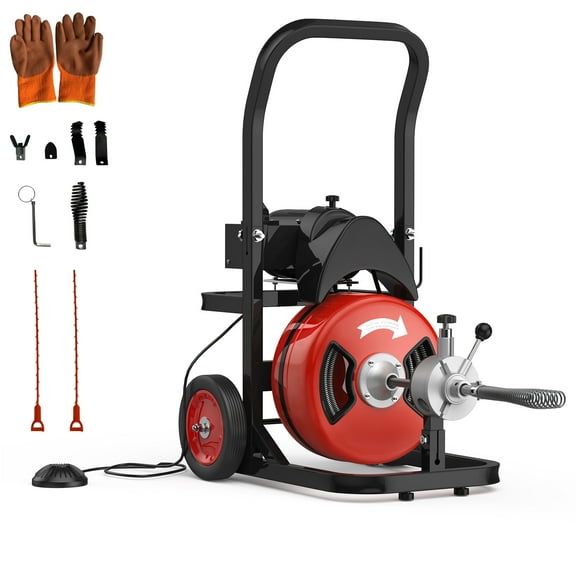 75Ft Drain Cleaning Machine, 450w Portable Drain Auger with Wheels, 1/2" Auto-Feed Drain Snake with 4 Cutters, Electric Sewer Auger for Sink, Toilet, Floor Drain