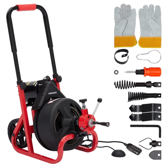 75Ft x 1/2 Inch Auto-feed Drain Cleaner Machine, Electric Drain Auger Professional for 2 to 4 Inch Pipes, with 6 Cutters, Glove, Drain Auger Cleaner Sewer Snake