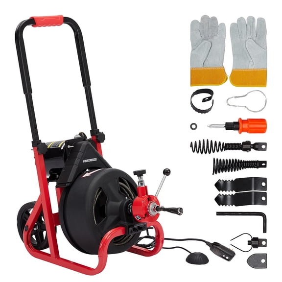 75Ft x 1/2 Inch Drain Cleaner Machine, PioneerWorks Sewer Snake Machine Auto Feed, DrainCleaner with 6 Cutters, Professional for 2 to 4 Inch Pipes