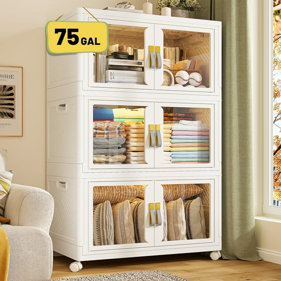 75GAL Storage Bins with Lids Large Stackable Storage Bins with Wheels and Door 3 Pack Plastic Storage Bins with Lids for Closet Organizers and Storage