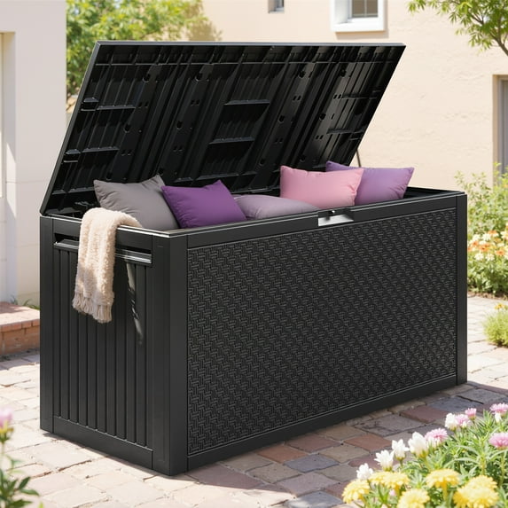 Deck Box for Outdoor, Seizeen 90Gal Storage Box with Wheels for Pool Accessories, Patio Outdoor Storage Furniture for Garden, Waterproof, Black
