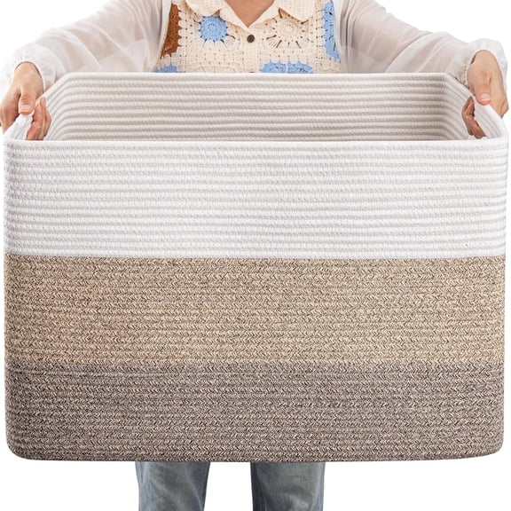 75L Large Blanket Basket(22"x17"),Large Blanket Basket for Organizing, Dog Toy Bin,baby laundry basket,Cotton Rope Blanket Basket for Living Room, Laundry, Nursery, Pillows (White and Brown)