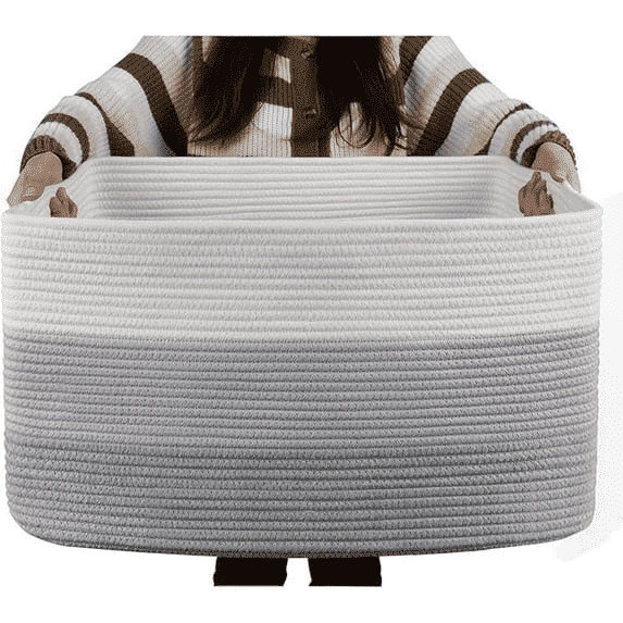 75L Large Blanket Basket（25"x16"）,Large Blanket Basket for Organizing, Dog Toy Bin,baby laundry basket,Cotton Rope Blanket Basket for Living Room, Laundry, Nursery, Pillows (White and Gray)