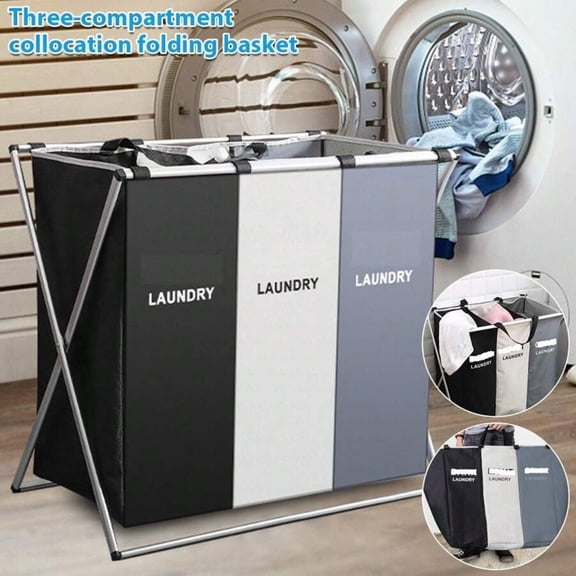 75L Large Laundry Basket 3 Sections Aluminium Folding Laundry Cloth Basket Oxford Washing Hamper Bin Sorting Storage Bag Light Dark Color