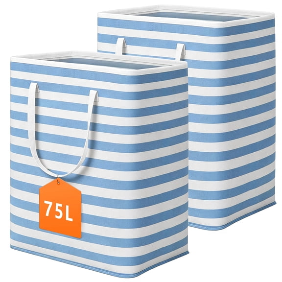TickJOY 2-Pack 75L Collapsible Laundry Basket with Handles, Large Capacity, Waterproof Freestanding Laundry Hamper, Tall Clothes Hamper for Storage in Dorm, Home, Camping - Blue White