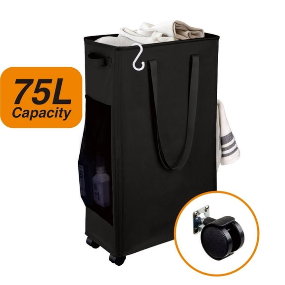 75L Laundry Basket with Wheels and Handles, Slim Collapsible Laundry Hamper, Dirty Clothes Basket for Home, Laundry Room, Bathroom, Dormitory,(28", Black)