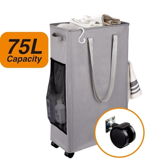75L Laundry Basket with Wheels and Handles, Slim Collapsible Laundry Hamper, Dirty Clothes Basket for Home, Laundry Room, Bathroom, Dormitory,(28", Grey)