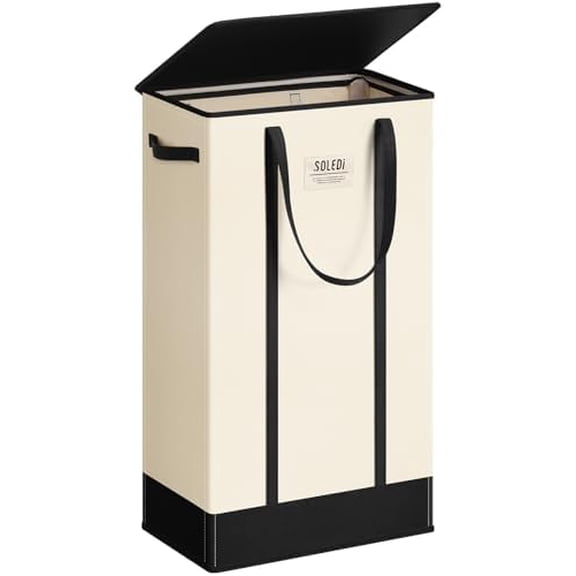 75L Slim Laundry Basket with Lid,Collapsible Narrow Laundry Hamper Handles,Tall Skinny Dirty Clothes Hamper for Laundry Room,Dorm,Bathroom,Bedroom,and Small Spaces, 75L Beige
