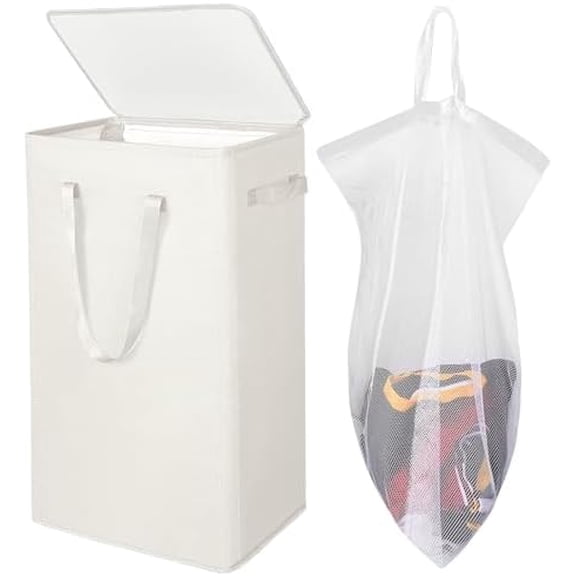 75L Slim Laundry Hamper with Lid,Large Foldable Laundry Basket with Removable Bag and Handles Tall Collapsible Dirty Clothes Basket Great for Bedroom, Bathroom, Dorm, College,RV. (Beige, 75L)