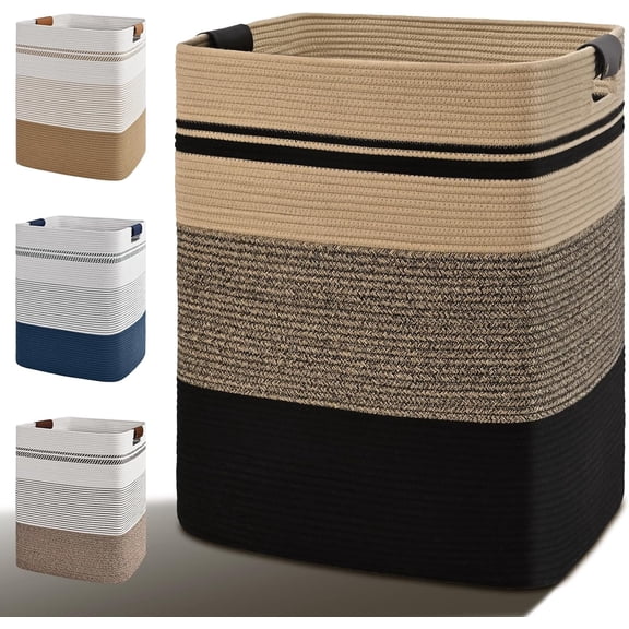 75L Tall Rectangle Laundry Hamper with Leather Handles and Cotton Woven Construction