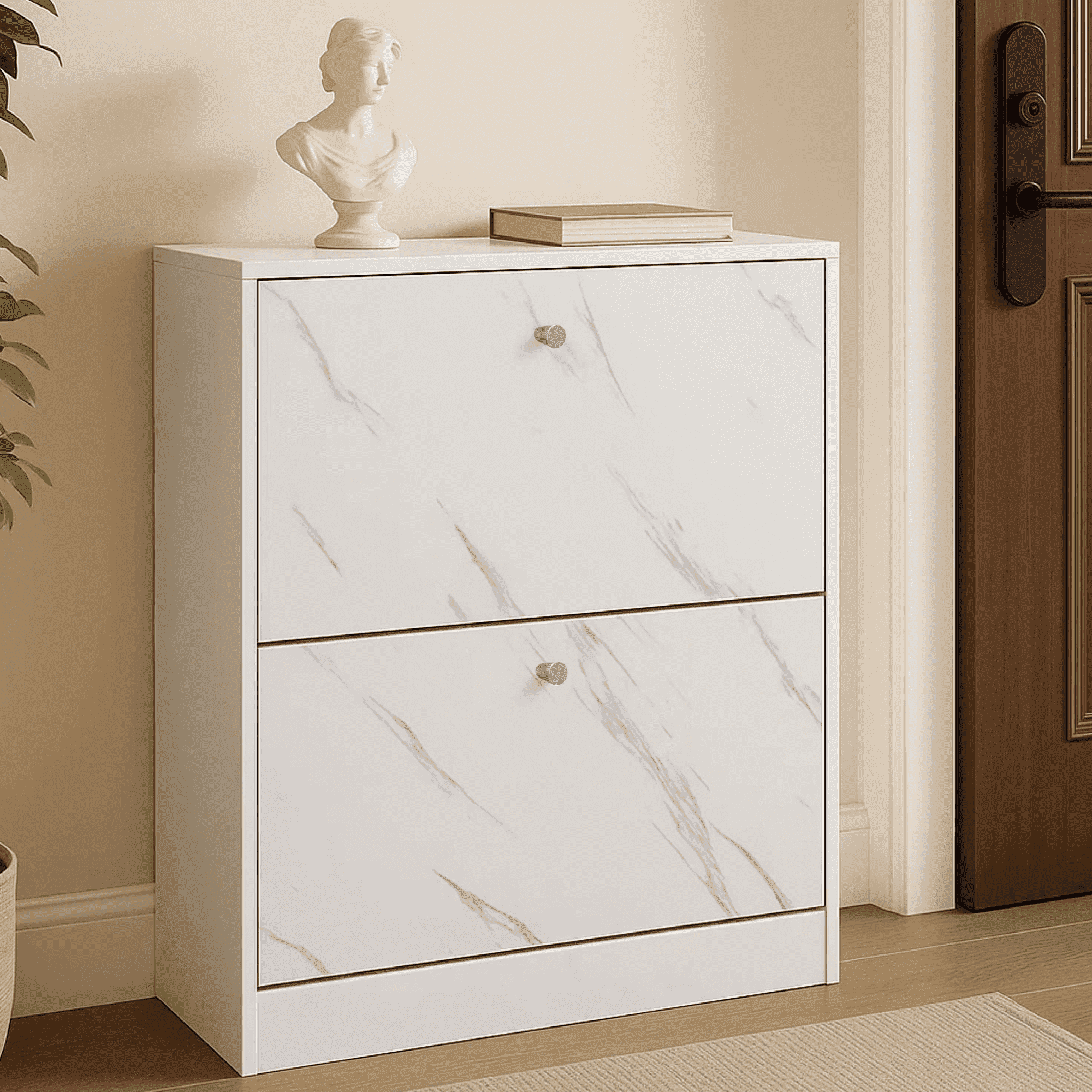 Dowellia 2 Drawer Shoe Cabinet,Wooden Shoe Storage Organizer Cupboard Unit Hallway Furniture,freestanding Entryway 2 tier Modern Shoe Rack Cabinet Footwear Stand for Shoes (Marble White)