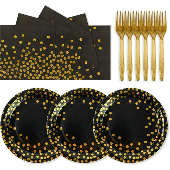 75PCS Paper Plates and Napkins Set - Gold Dot Disposable Dinnerware Includes Plates, Napkins, Forks Decorations for 2026 New Year, Birthdays Weddings, Serves 25