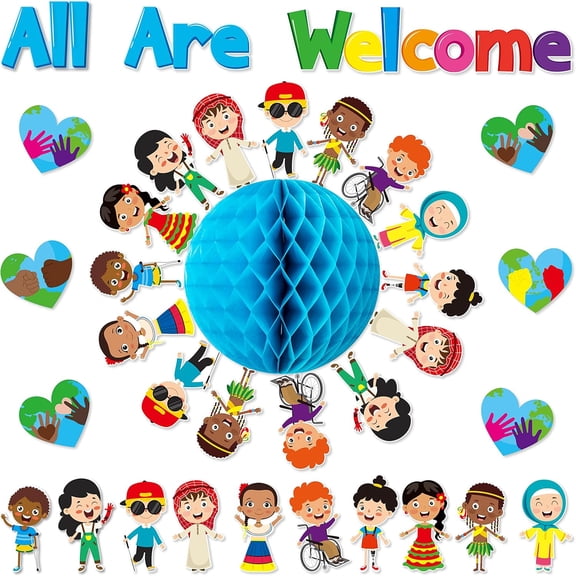 75PCS Student Diversity Bulletin Board Set All are Welcome Hearts Cutouts Earth Honeycomb Inclusion Multicultural Bulletin Board Back to School Equality One World Classroom Door Decoration