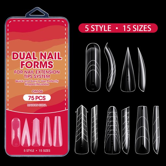 75Pcs Dual Nail Forms, Transparent Reusable Nail Extension Molds for Poly Gel&Acrylic, 5 Styles 15 Sizes Clear Nail Tips Molds with Guide Lines, No Paper Forms, DIY Salon Home Manicure Nail Art Tools
