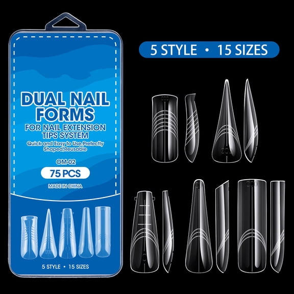 75Pcs Dual Nail Forms, Transparent Reusable Nail Extension Molds for Poly Gel&Acrylic, 5 Styles 15 Sizes Clear Nail Tips Molds with Guide Lines, No Paper Forms, DIY Salon Home Manicure Nail Art Tools