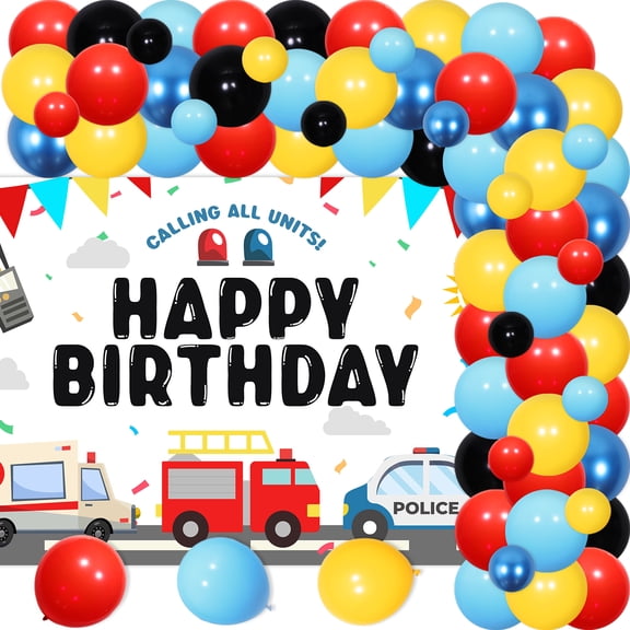 75Pcs First Responders Birthday Party Decor, Emergency Rescue Team Party Decor with Calling All Units Backdrop Blue Red Yellow Balloon Garland Arch Kit for Ambulance Fire Truck Police Party Supplies
