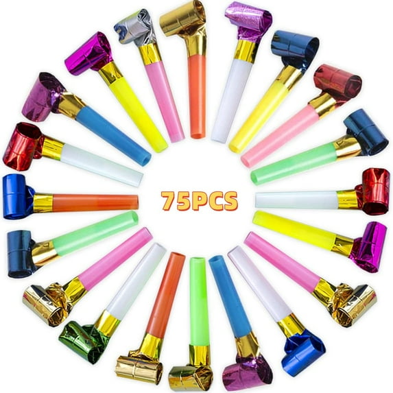 75Pcs Party Blowouts Noisemakers Party Whistles Blower Funny Birthday Blow Horns Bulk for Birthday New Years Party Favors, Colorful