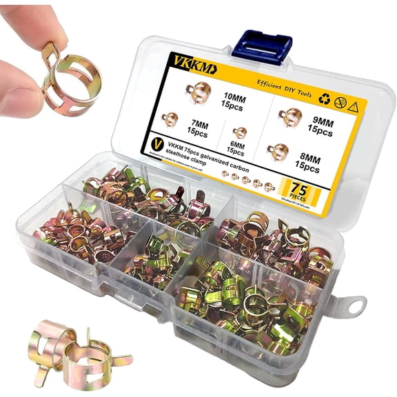 75Pcs Spring Hose Clamp Assortment Kit, 6-10mm Galvanized Carbon Steel Fuel Line Clamps, Spring Band Type Tube Clip Fastener for Vacuum Hose, Gas Pipe, Lawn Mower, Snowmobile & Motorcycle
