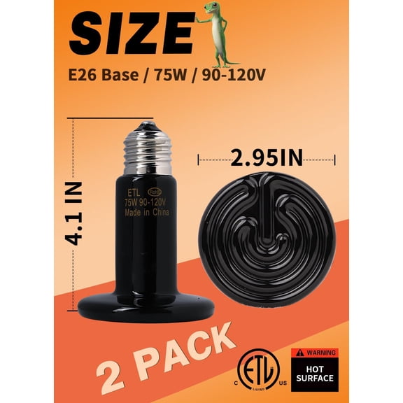 75W 2 Pack Ceramic Reptile Heat Lamp, Pet Heat Emitter Bulbs, No Light Emitting Brooder Coop Heater for Reptile and Amphibian, Snake, Turtle, Lizard, Bearded Dragon, Black