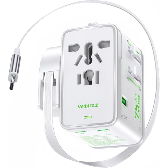 75W Tiny Universal Travel Adapter with 70cm Retractable Cable, GaN Fast Charging European Plug Adapter, 5 Ports (1 AC, 1 USB-A, 3 USB-C), with Smart Chip for Over 200 Countries, PD&QC Charger