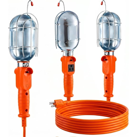 75W Trouble Light with Metal Guard, 25ft 16 AWG Extension Cord, Hanging Work Light with Outlet, On/Off Switch & Hook, Mechanic Work Light for Garage, Construction, Household Projects, ETL Listed