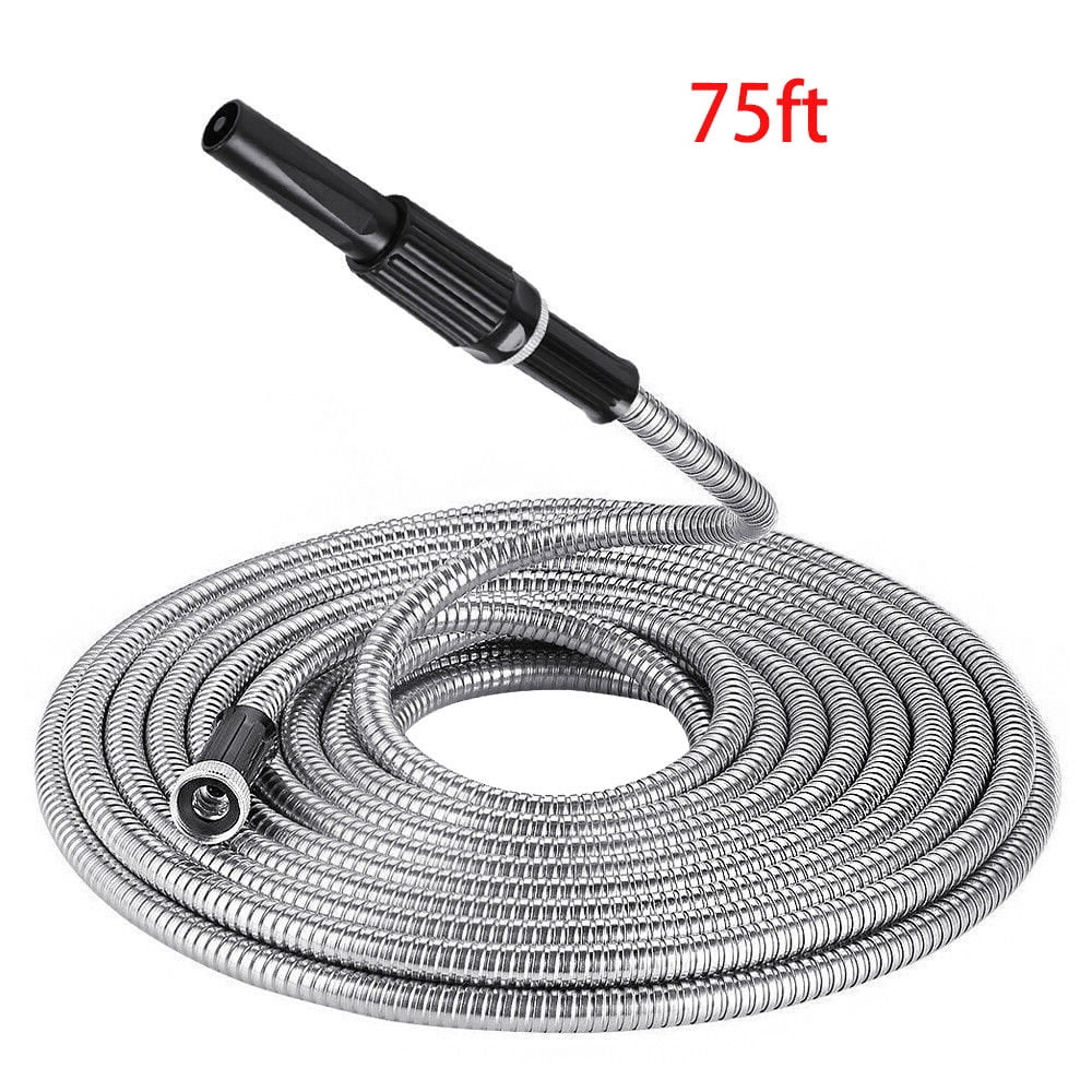75ft 304 Stainless Steel Garden Hose Flexible Lightweight Out-layer Over Metal Water Hoses with Nozzle for Watering Garden Patio
