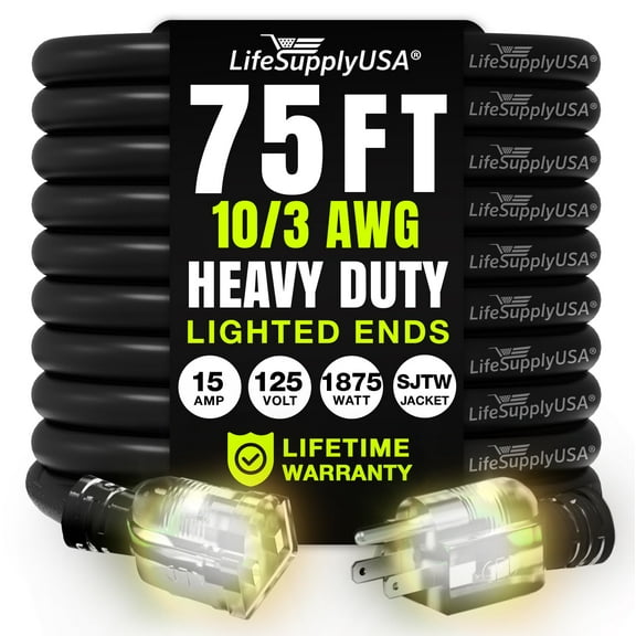 75ft Outdoor/Indoor Extension Cord 10/3 Gauge Ultra Heavy Duty 3 Prong SJTW, Waterproof, Flexible Cold-Resistant Long Power Cord,125 Amp 1875W, Black by LifeSupplyUSA
