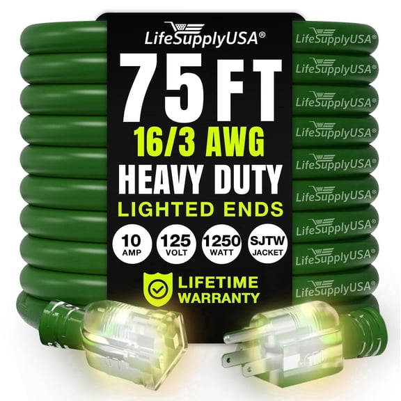 75ft Outdoor/Indoor Extension Cord 16/3 Gauge Heavy Duty 3 Prong SJTW, Waterproof, Flexible Cold-Resistant Long Power Cord,10A 125V 1250W, Green by LifeSupplyUSA