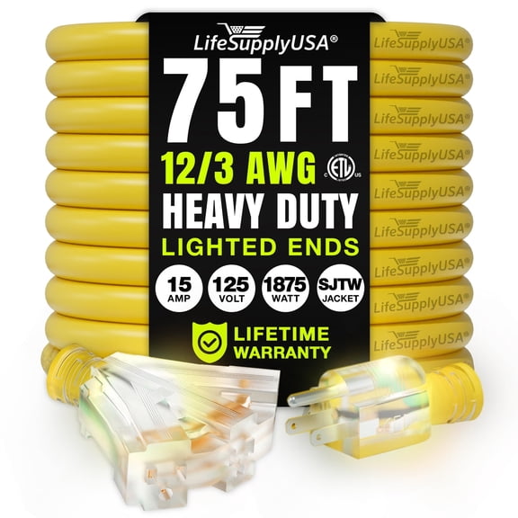 75ft Outdoor/Indoor Extension Cord 3-Outlet 12/3 Gauge Extra Heavy Duty ETL Listed, 3 Prong SJTW, Waterproof, Flexible Cold-Resistant Long Power Cord,125 Amp 1875W, Yellow by LifeSupplyUSA